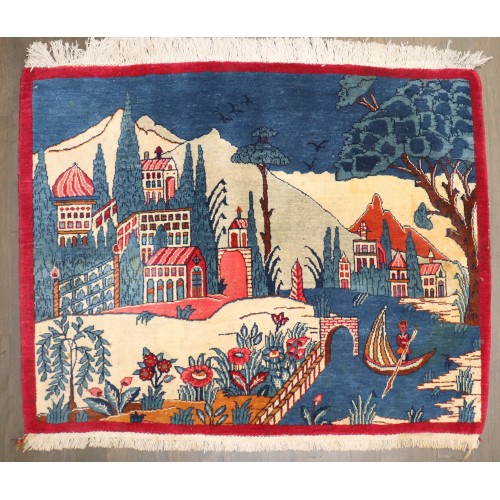 Vintage Persian Kashan Pictorial Lake Landscape Rug No. 10990