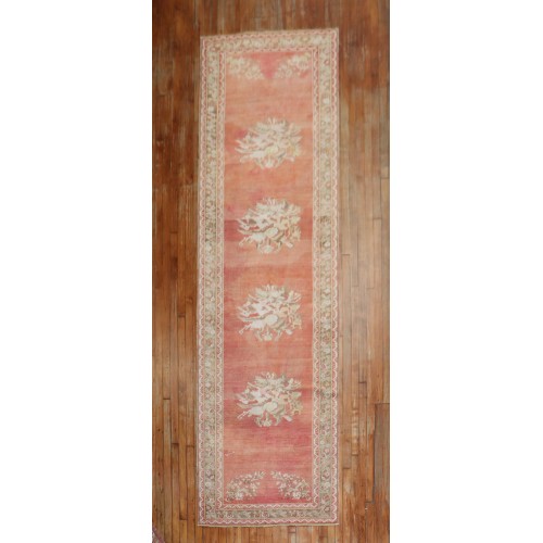 Muted Red Floral Antique Turkish Ghiordes  Runner No. 8333