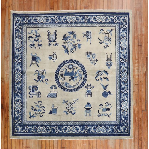 Square Chinese Slate Blue Antique Rug No. j1800