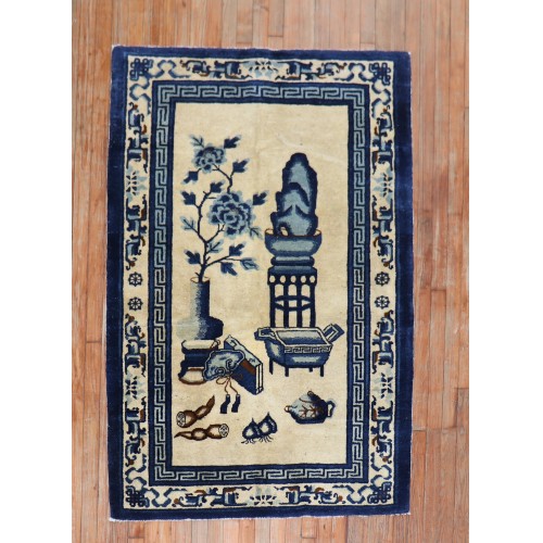 Tan Blue Color Early 20th Century Antique Chinese Oriental Rug No. j2241