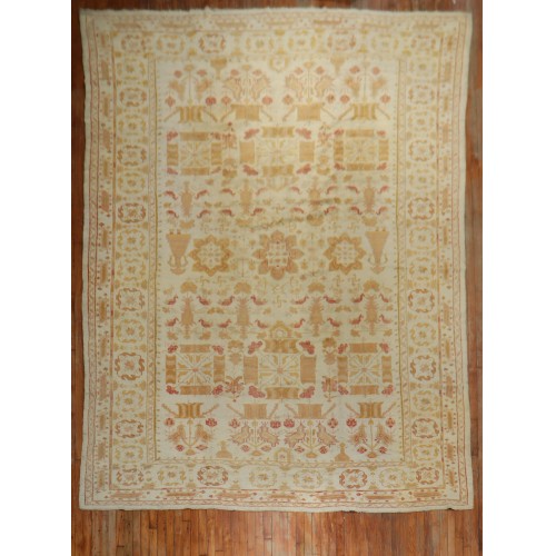 Pictorial Ivory Antique Oushak Rug No. j2272