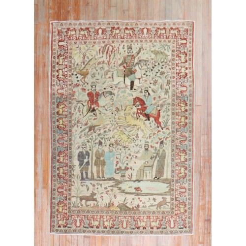 Persian Hunting Scene Antique Tabriz Rug No. j2741