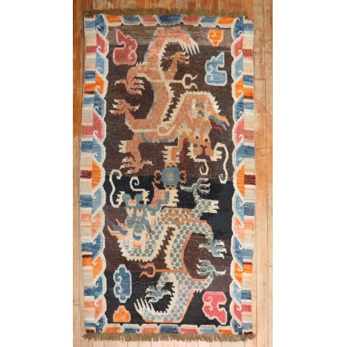 Colorful Dragon Vintage Tibetan Early 20th Century Rug No. j2788