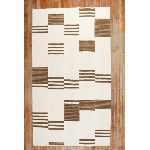 White Brown Minimalist Turkish Kilim No. j2854