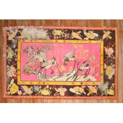 Bright Pink Antique Worn Flamingo Pictorial Khotan Rug No. j3203