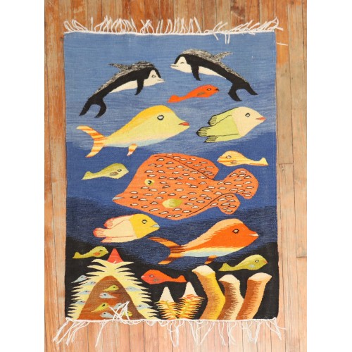 Vintage Fish Design European Kilim No. j3621