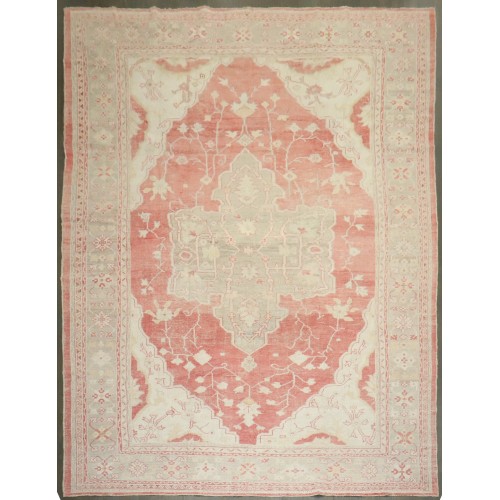Red Ivory Medallion Oversize Antique Turkish Oushak Carpet No. j4565