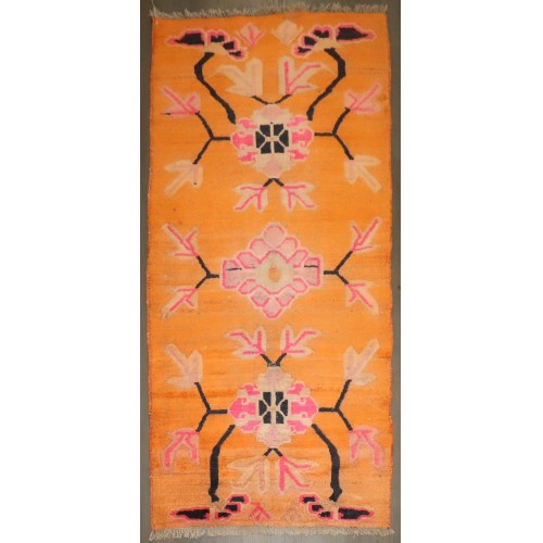 Bright Orange Floral Vintage Tibetan Rug No. j4589