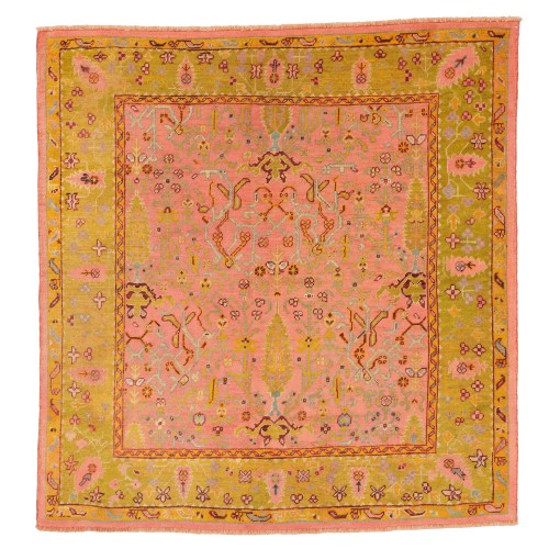 Square Pink Chartreuse Antique Turkish Oushak Rug No. j4602