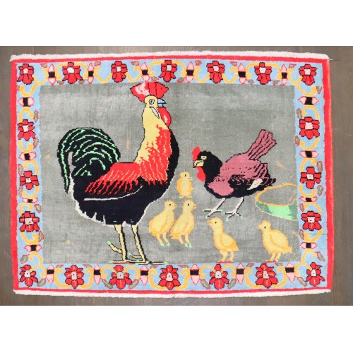 Cotton Persian Pictorial Rooster Bird Rug No. j4659