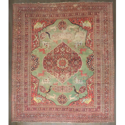 Green Hunting Animal Doroksh Persian Distressed Rug No. j5010