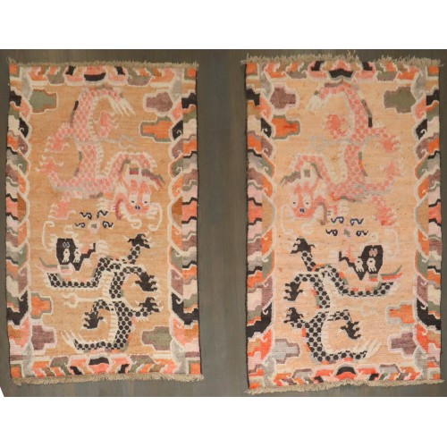 Pair of Peach Vintage Dragon Tibetan Rugs No. j5022