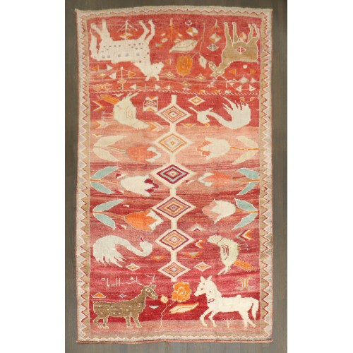 Red Floral Horse Goat Pigeon Gabbeh Vintage Rug No. j5126