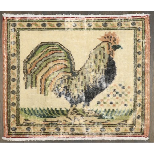 Vintage Turkish Ivory Field Rooster Mini Rug No. j5296