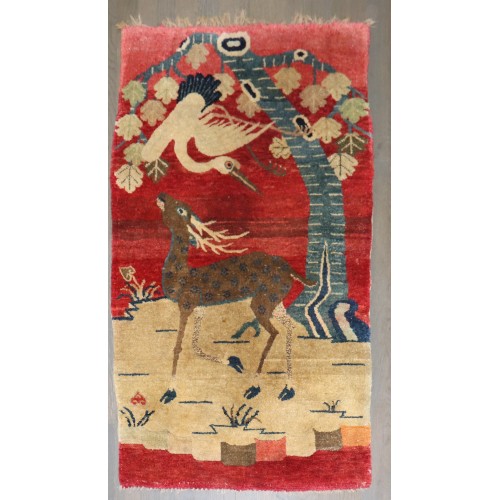 Red Chinese Baotou Pictorial Rug with Crane and Deer No. j5336