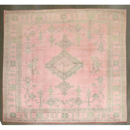 Bubble Gum Pink Square Antique Turkish Oushak Rug No. j5382