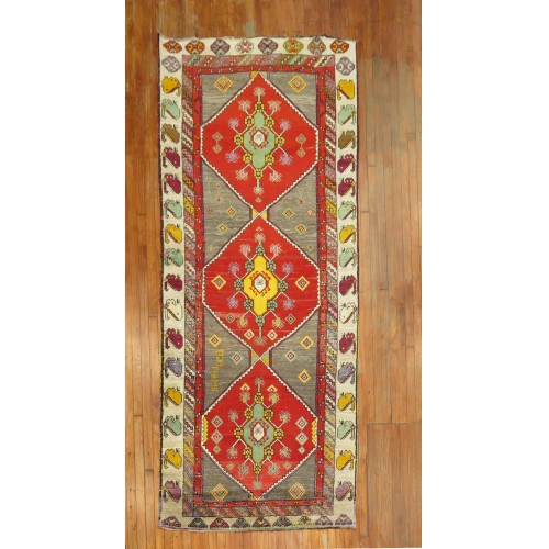 Colorful Vintage Turkish Kars Wide Runner No. r4953