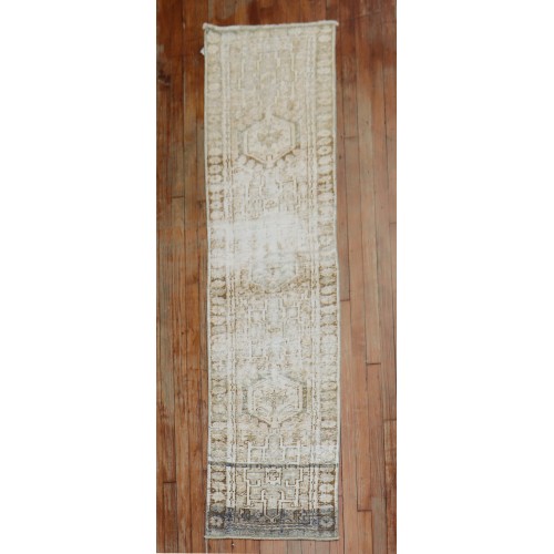 Distressed Narrow Neutral Persian Heriz 20th Century Runner No. r5402