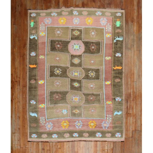 Colorful Turkish Kars Animal Figure Border Rug No. r5411