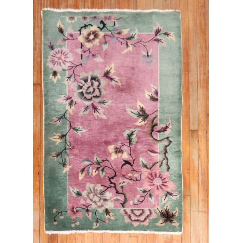 Chinese Art Deco Pink Green Rug No. r5913